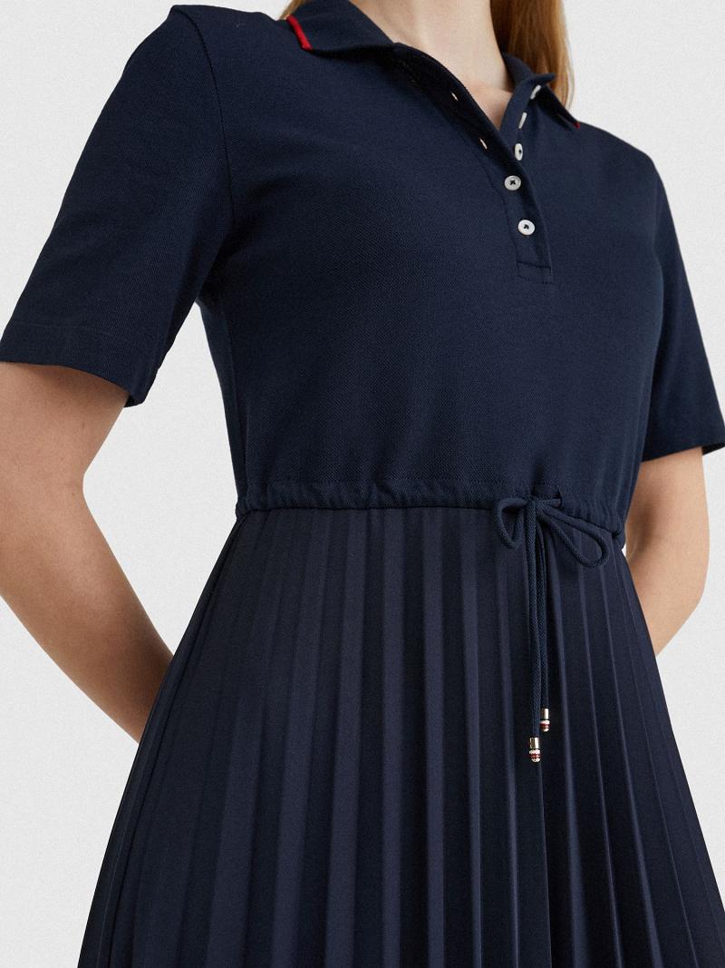 Navy Tommy Hilfiger Pique Pleated Polo Dresses | NZ_W21104