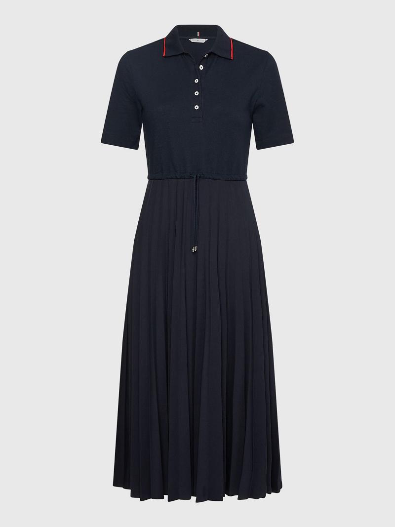 Navy Tommy Hilfiger Pique Pleated Polo Dresses | NZ_W21104