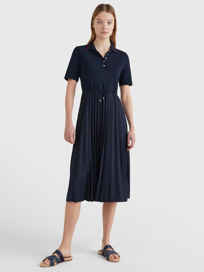 Navy Tommy Hilfiger Pique Pleated Polo Dresses | NZ_W21104