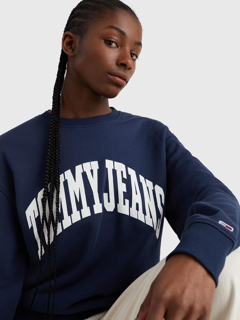 Navy Tommy Hilfiger Tommy Logo Crewneck Sweatshirts | NZ_W21407