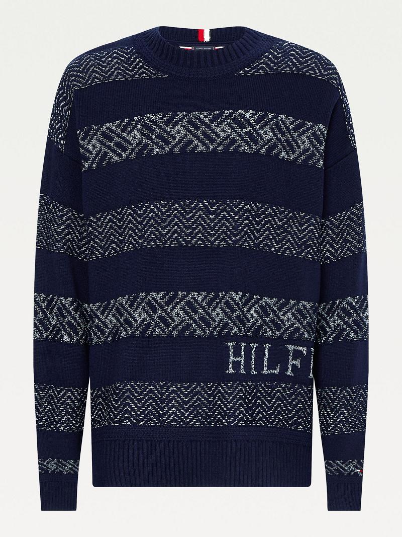 Navy / White Tommy Hilfiger Oversized fair isle logo Sweaters | NZ_M31169