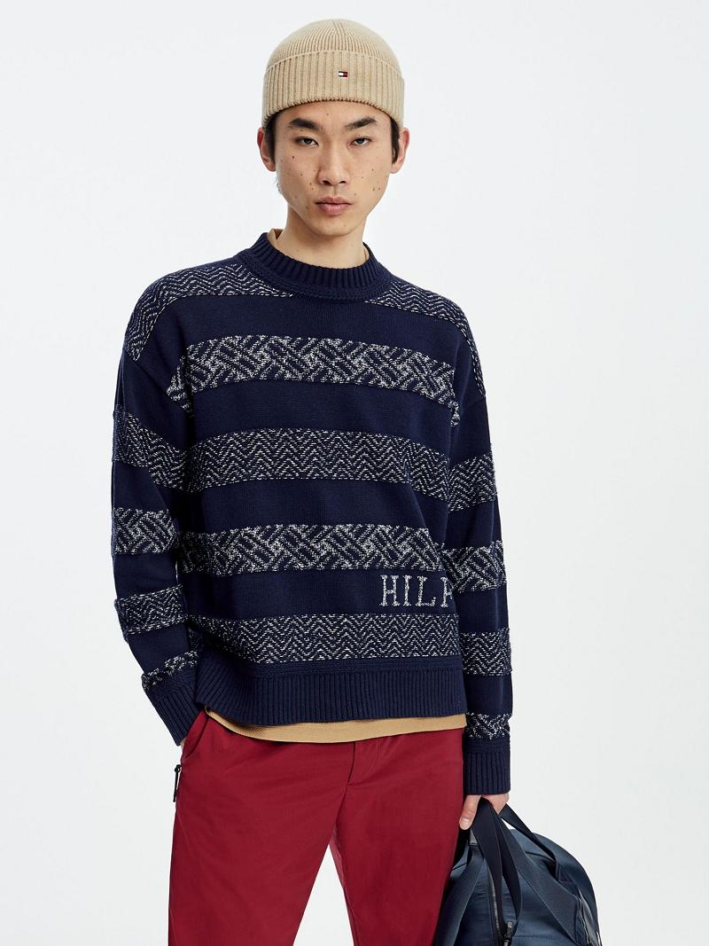 Navy / White Tommy Hilfiger Oversized fair isle logo Sweaters | NZ_M31169