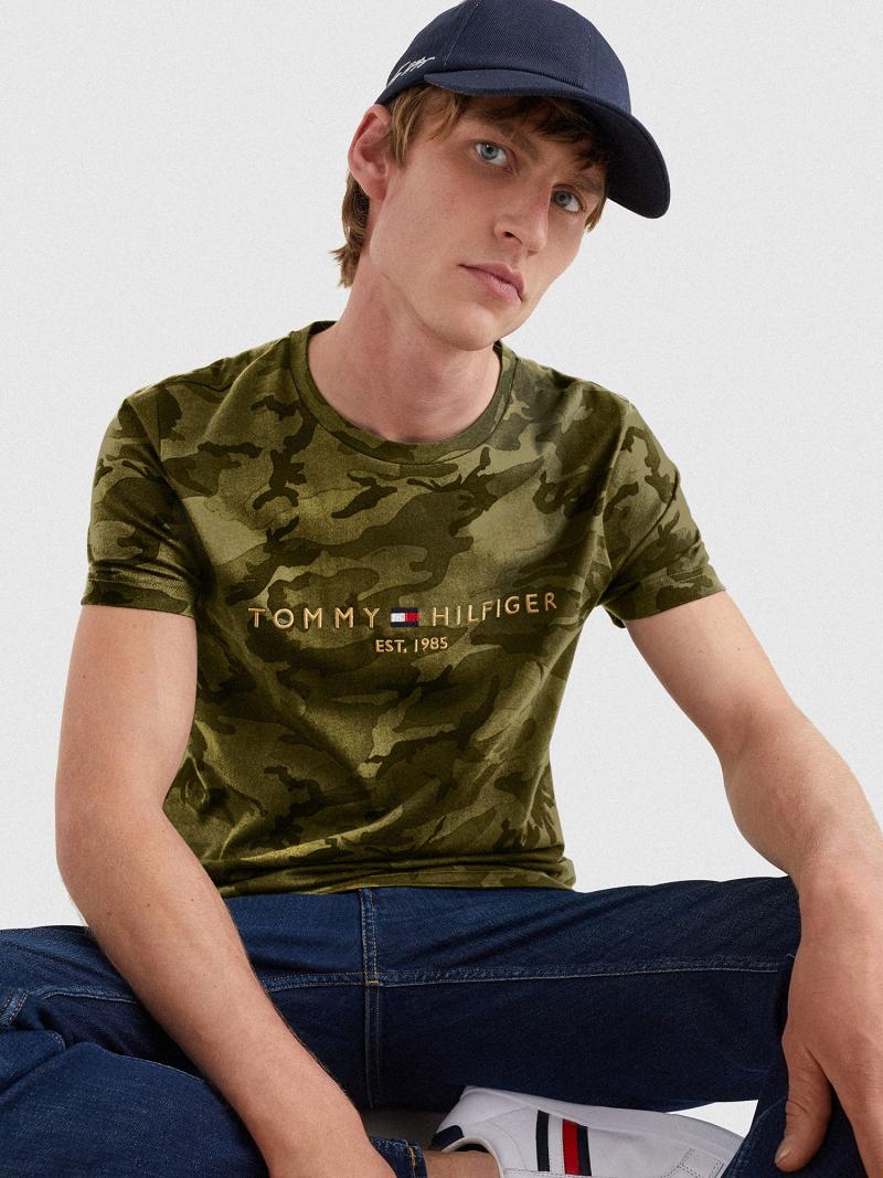 Olive Tommy Hilfiger Camo logo T Shirts | NZ_M31011