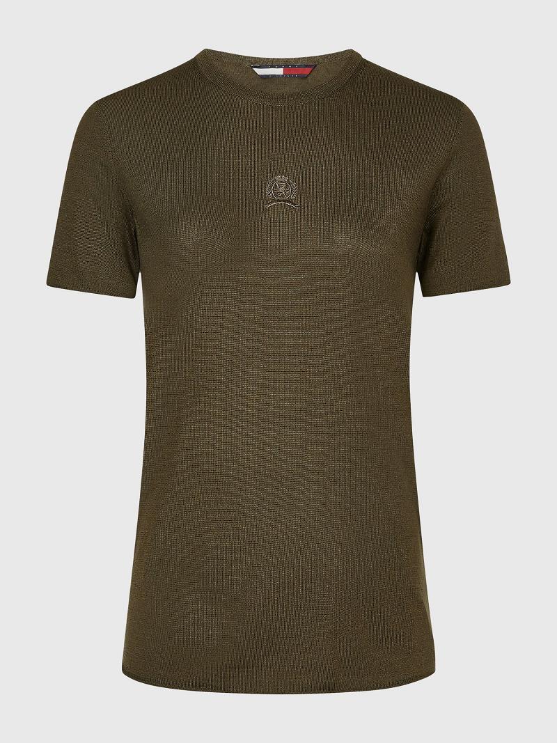 Olive Tommy Hilfiger Crest Wool And Silk Tee T Shirts | NZ_W21432