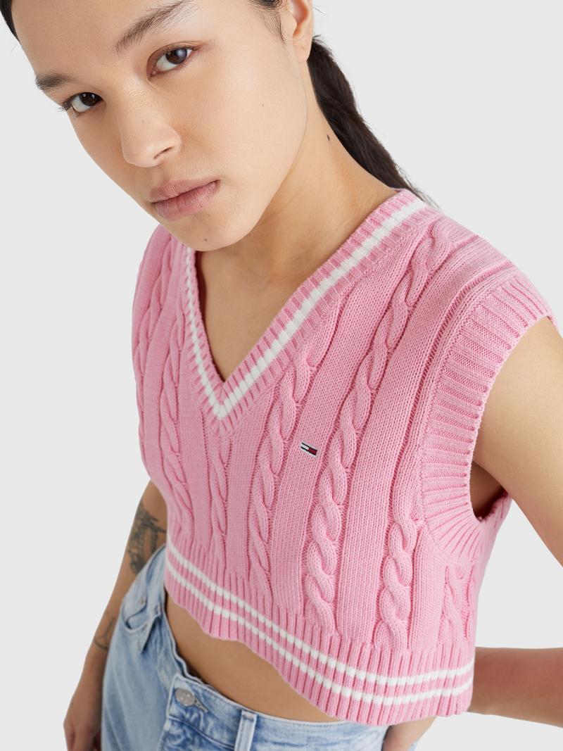 Pink Tommy Hilfiger Cropped Cable Knit Vest Sweaters | NZ_W21342