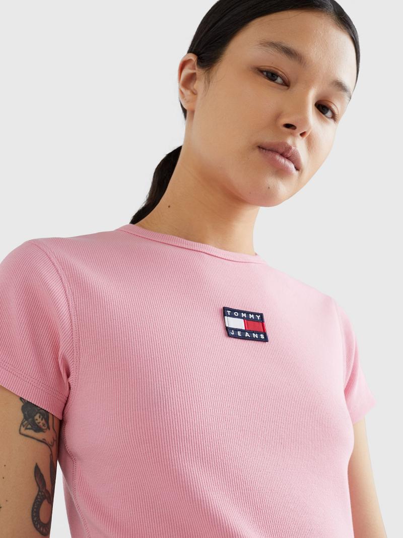 Pink Tommy Hilfiger Cropped Ribbed Badge T Shirts | NZ_W21438