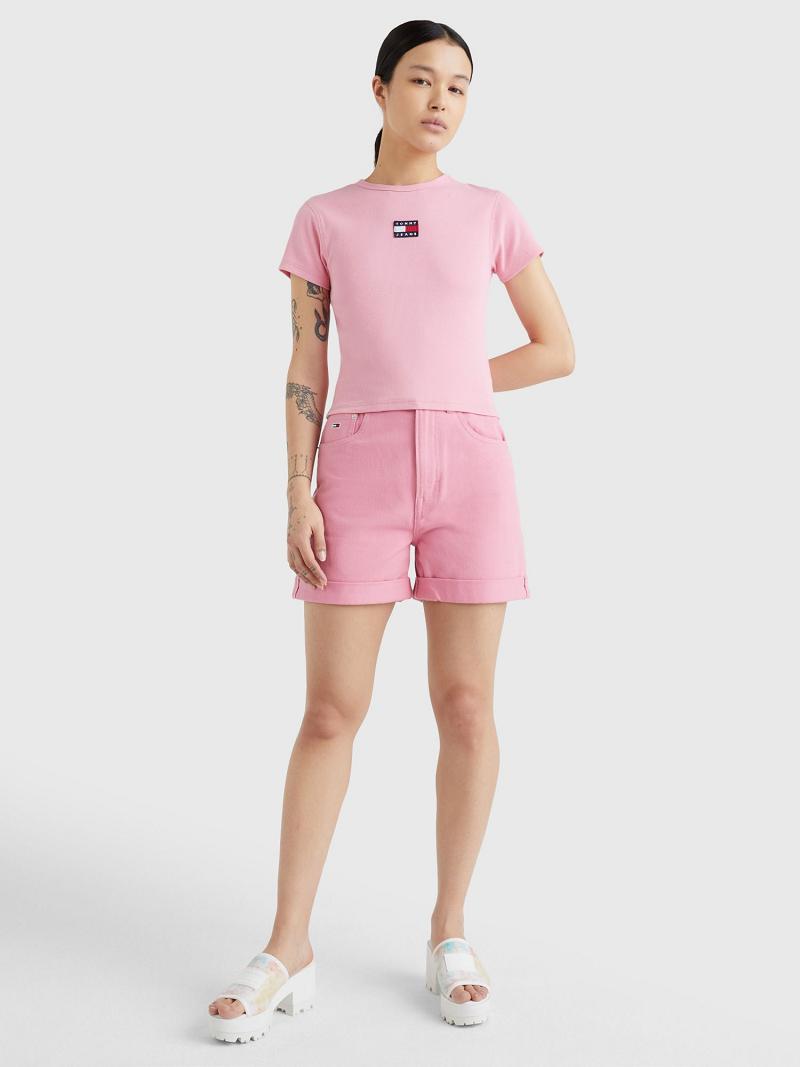 Pink Tommy Hilfiger Cropped Ribbed Badge T Shirts | NZ_W21438