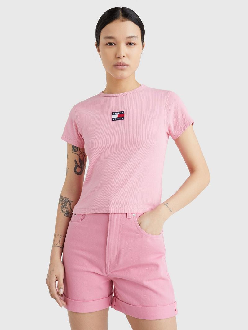 Pink Tommy Hilfiger Cropped Ribbed Badge T Shirts | NZ_W21438