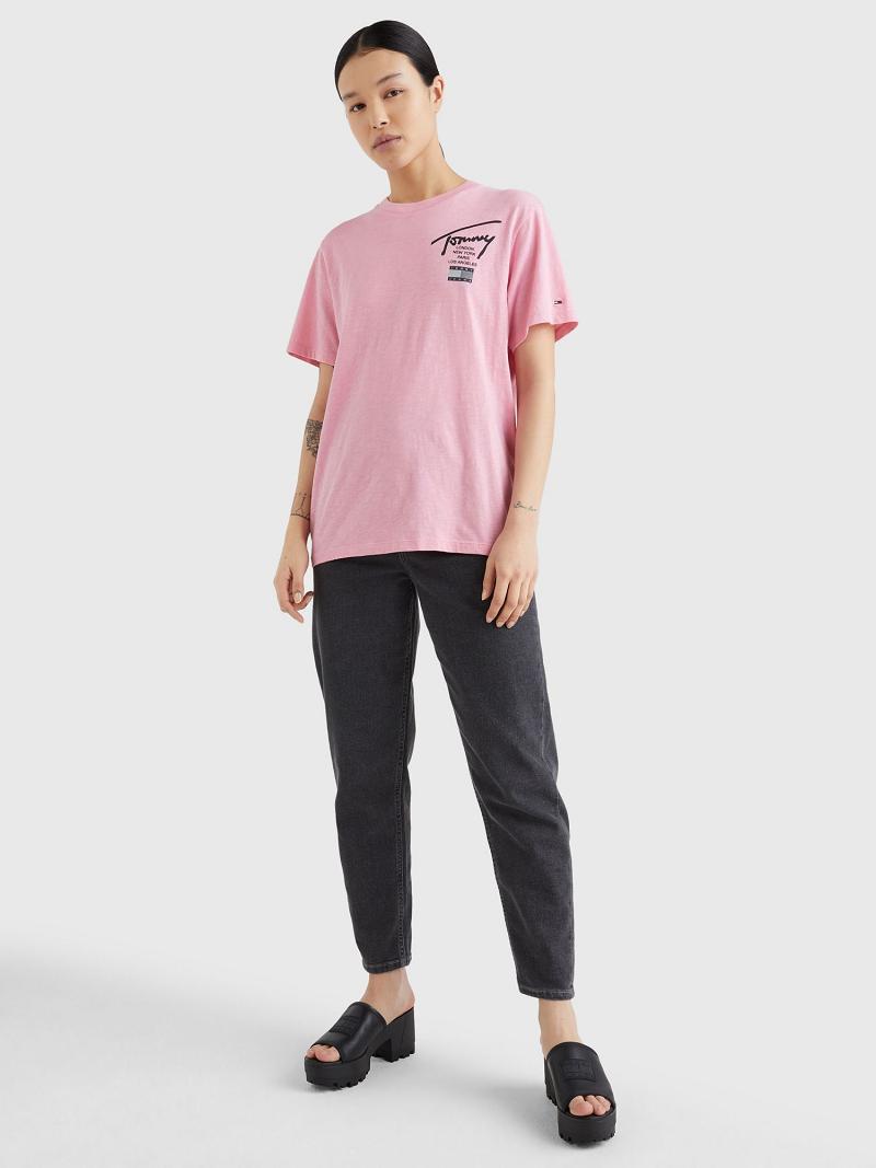 Pink Tommy Hilfiger Signature Logo T Shirts | NZ_W21475