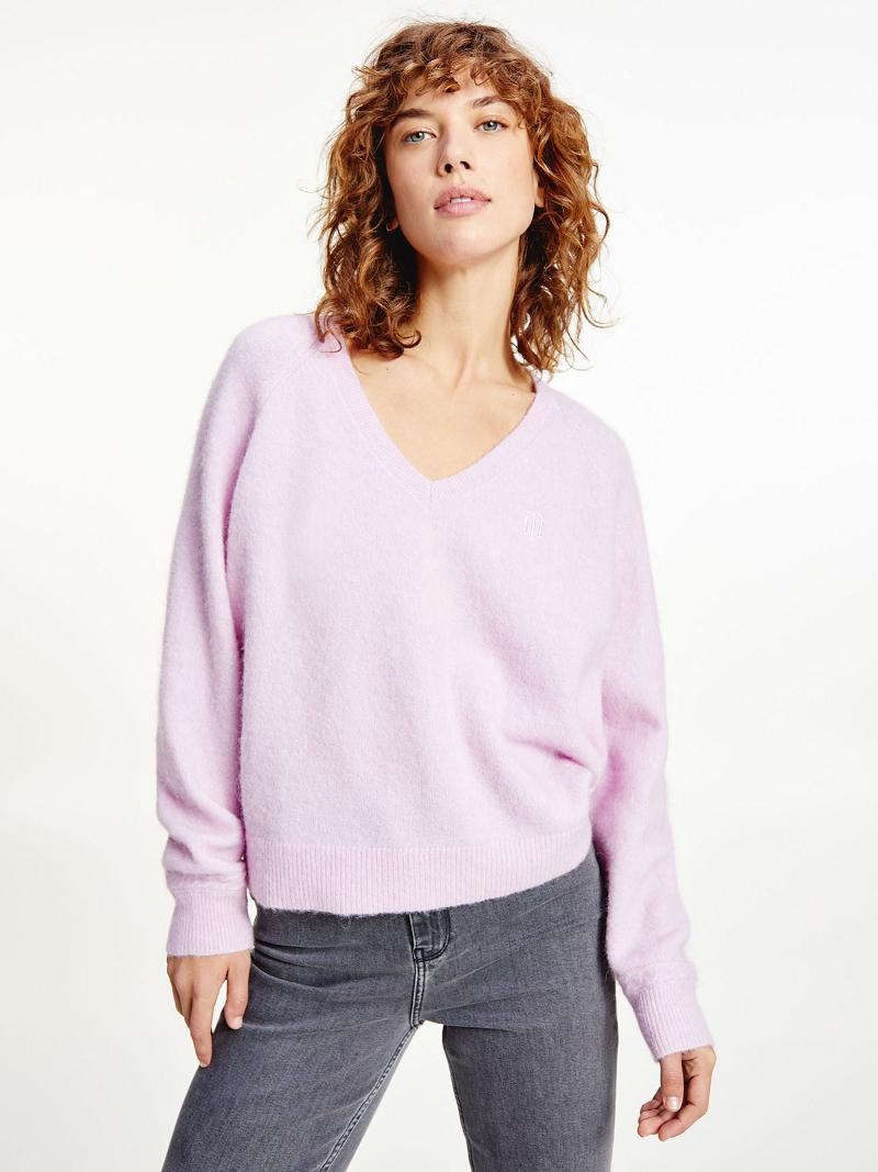 Purple Tommy Hilfiger Relaxed Fit V-Neck Sweaters | NZ_W21365