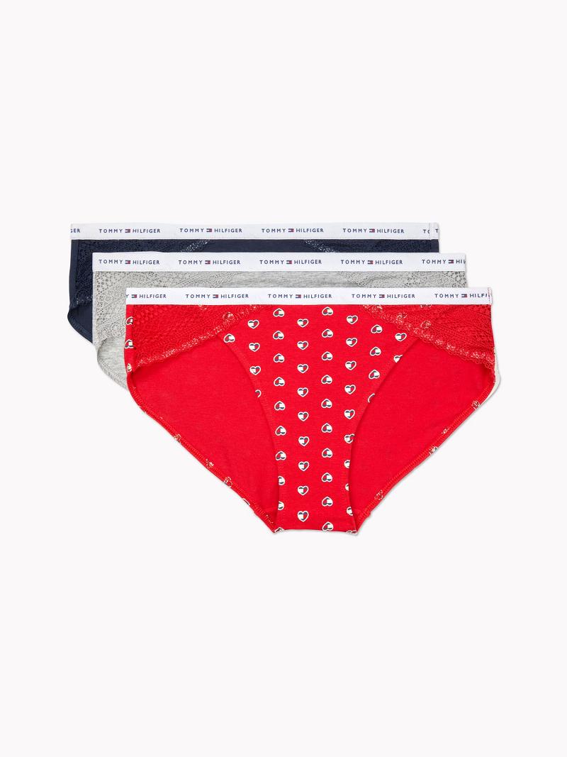 Red Tommy Hilfiger Cotton And Lace Trim 3PK Bikinis | NZ_W21538