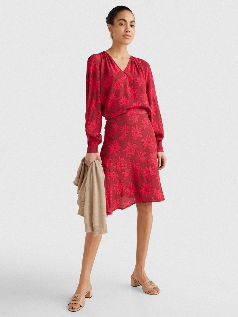 Red Tommy Hilfiger Floral Crepe Popover Blouses | NZ_W21013