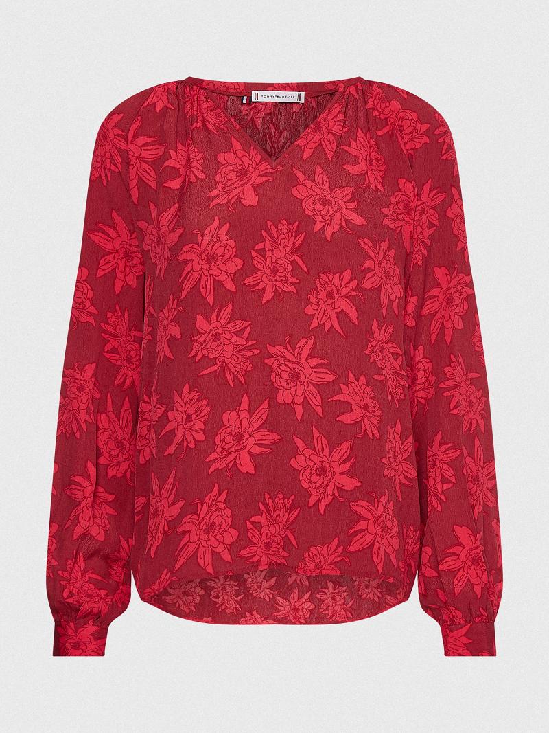 Red Tommy Hilfiger Floral Crepe Popover Blouses | NZ_W21013