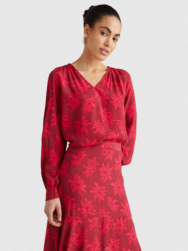 Red Tommy Hilfiger Floral Crepe Popover Blouses | NZ_W21013