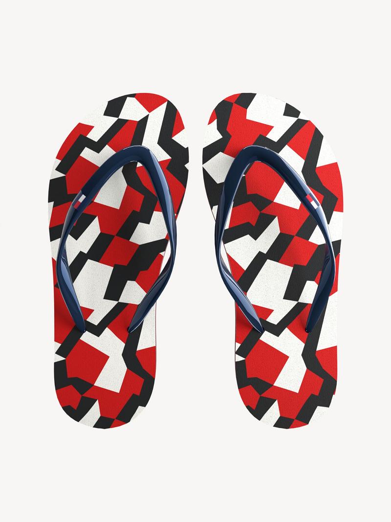 Red Tommy Hilfiger Jigsaw Print Flip Flops | NZ_B2228