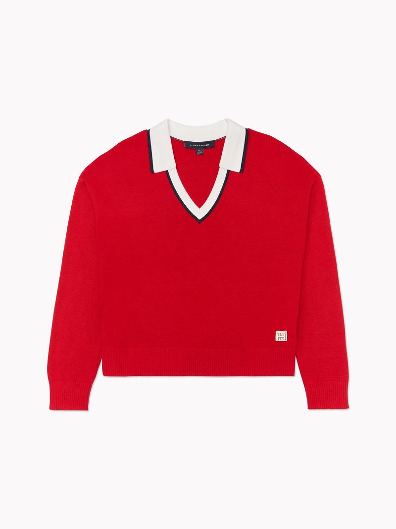 Red Tommy Hilfiger Johnny-Collar Sweaters | NZ_W21355