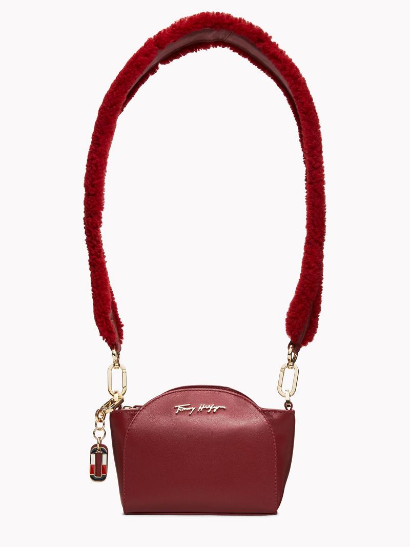 Red Tommy Hilfiger Leather Clutch with Wide Fur Strap Cardholders | NZ_W21649