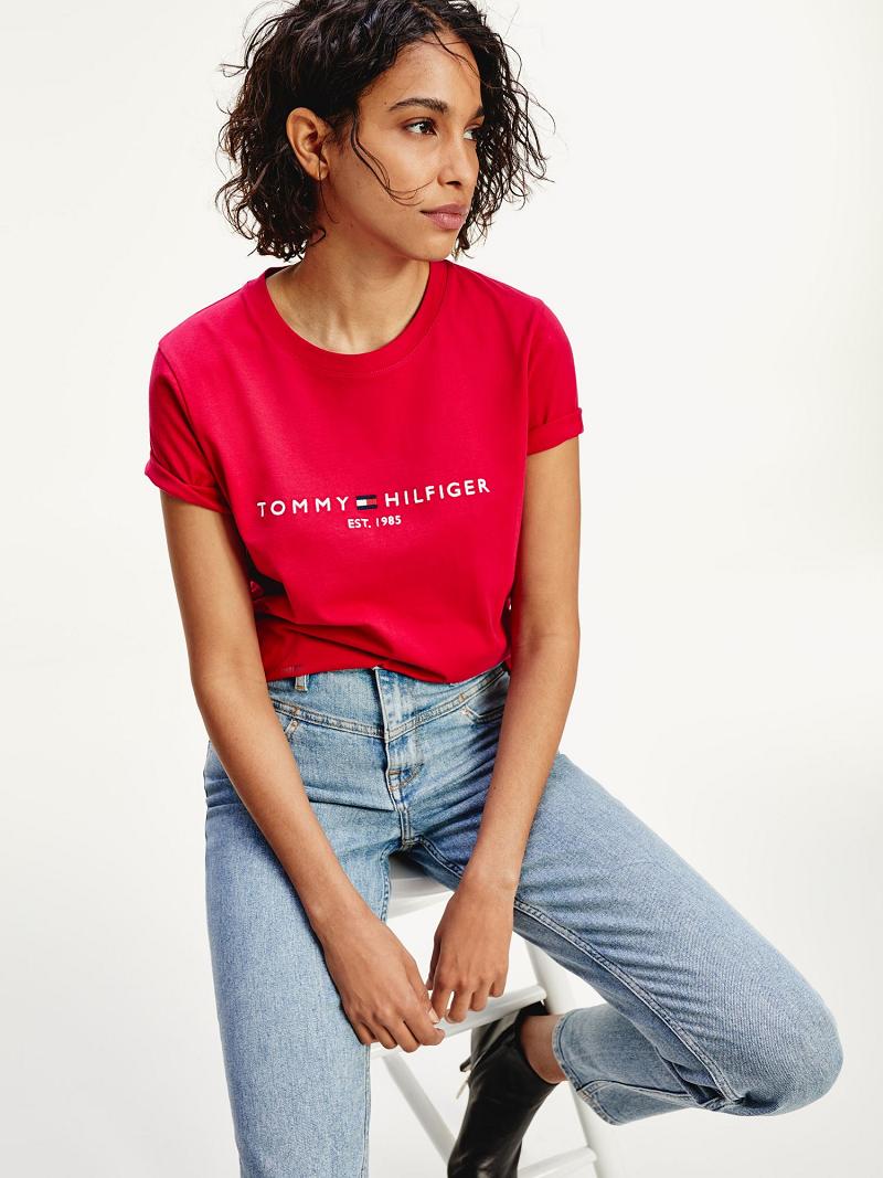 Red Tommy Hilfiger Organic Cotton Logo T Shirts | NZ_W21472