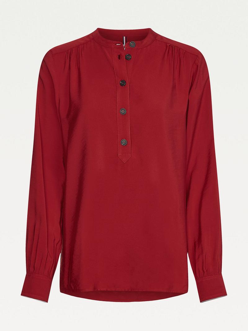 Red Tommy Hilfiger Solid Popover Blouses | NZ_W21019