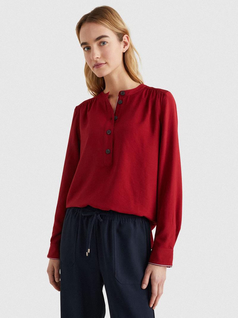 Red Tommy Hilfiger Solid Popover Blouses | NZ_W21019