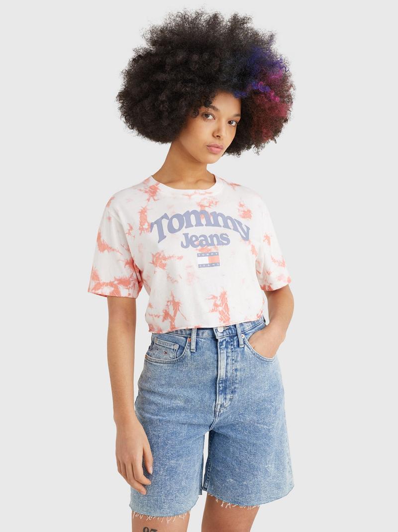 Red / White Tommy Hilfiger Cropped Tie-Dye Logo T Shirts | NZ_W21439