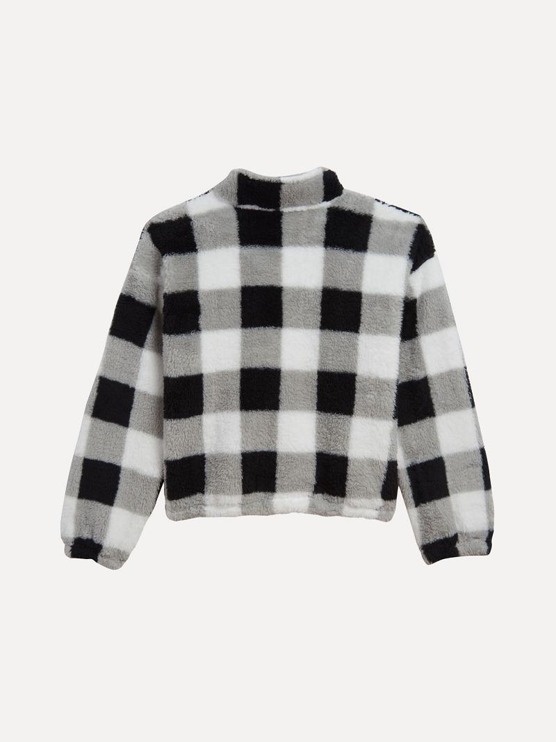 White / Black Tommy Hilfiger Little Check Popover Fleece Sweatshirts | NZ_G1199