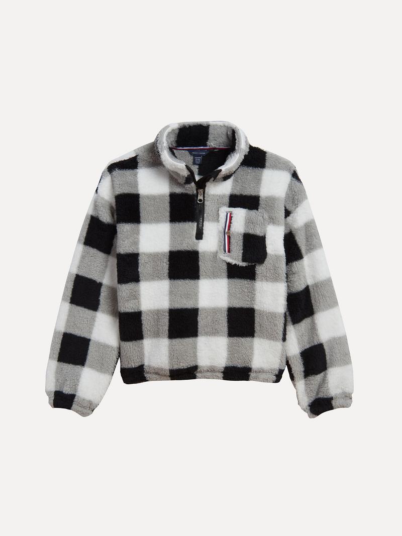 White / Black Tommy Hilfiger Little Check Popover Fleece Sweatshirts | NZ_G1199