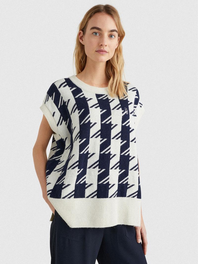 White / Blue Tommy Hilfiger Relaxed Fit Houndstooth Vest Sweaters | NZ_W21363