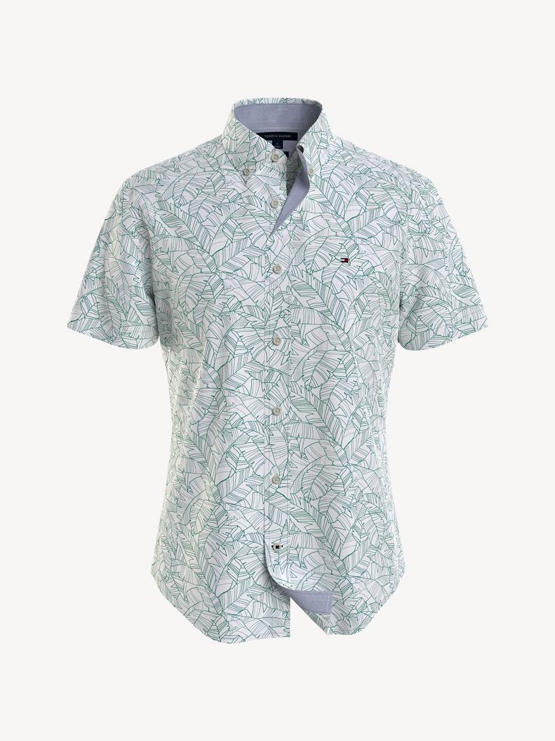 White / Green Tommy Hilfiger Custom fit leaf print Shirts | NZ_M31251