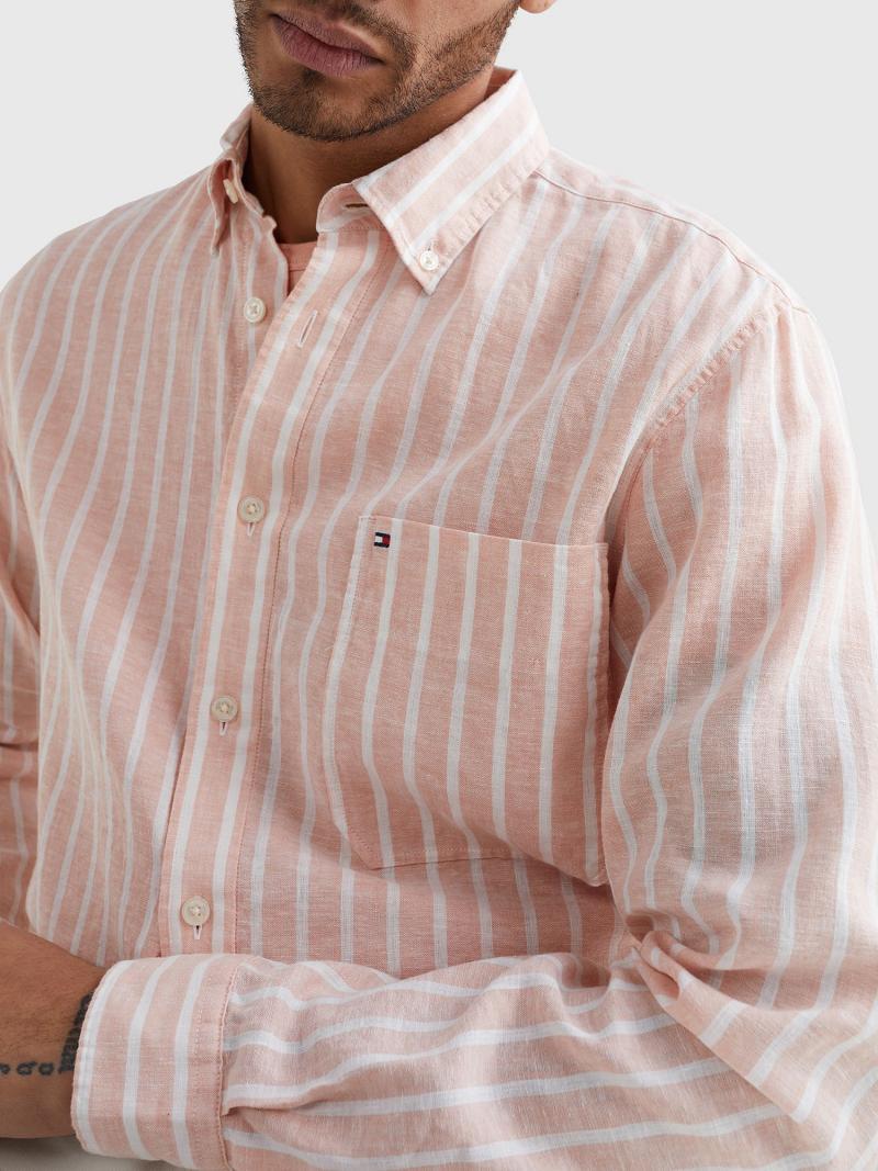 White / Pink Tommy Hilfiger Casual fit stripe linen Shirts | NZ_M31235