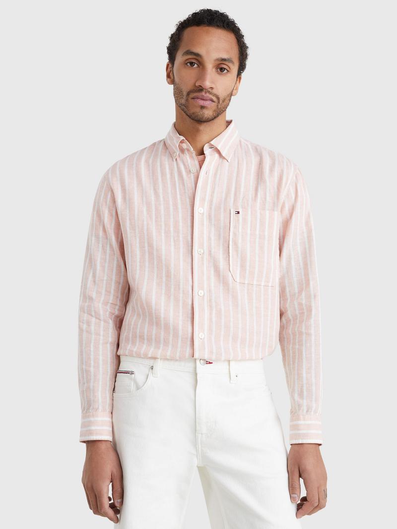 White / Pink Tommy Hilfiger Casual fit stripe linen Shirts | NZ_M31235