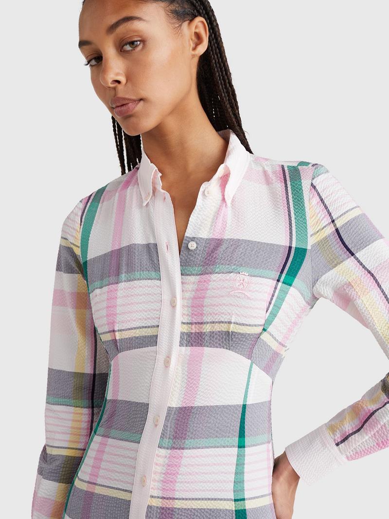 White / Pink Tommy Hilfiger Madras Maxi Shirt Dresses | NZ_W21102