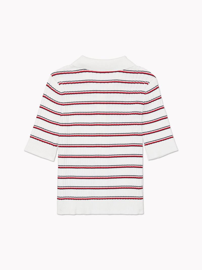 White / Red Tommy Hilfiger Stripe Knit Cardigan Polos | NZ_W21275