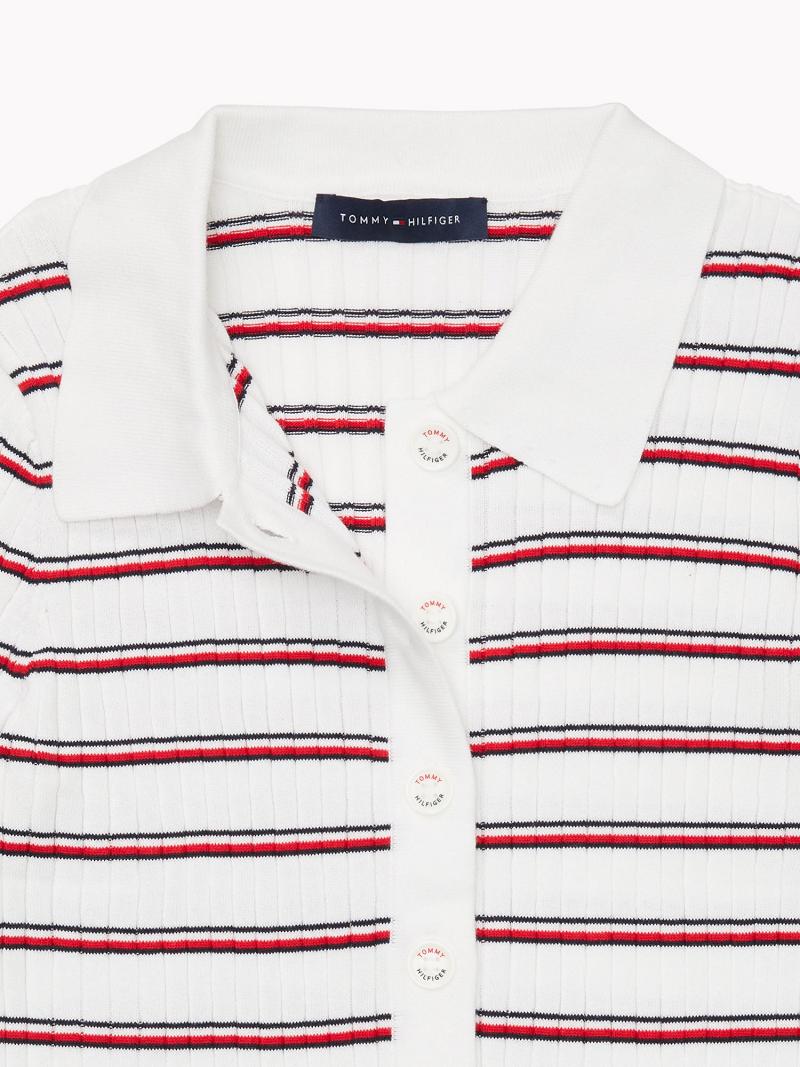 White / Red Tommy Hilfiger Stripe Knit Cardigan Polos | NZ_W21275