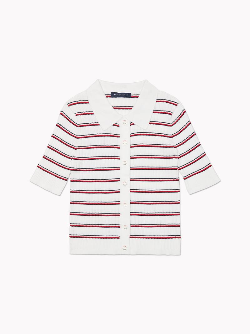 White / Red Tommy Hilfiger Stripe Knit Cardigan Polos | NZ_W21275