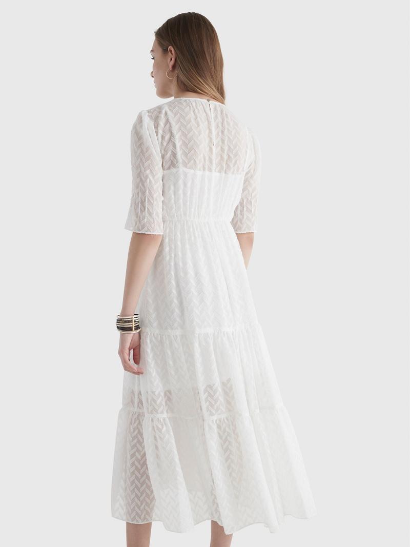 White Tommy Hilfiger Chiffon Tiered Maxi Dresses | NZ_W21047