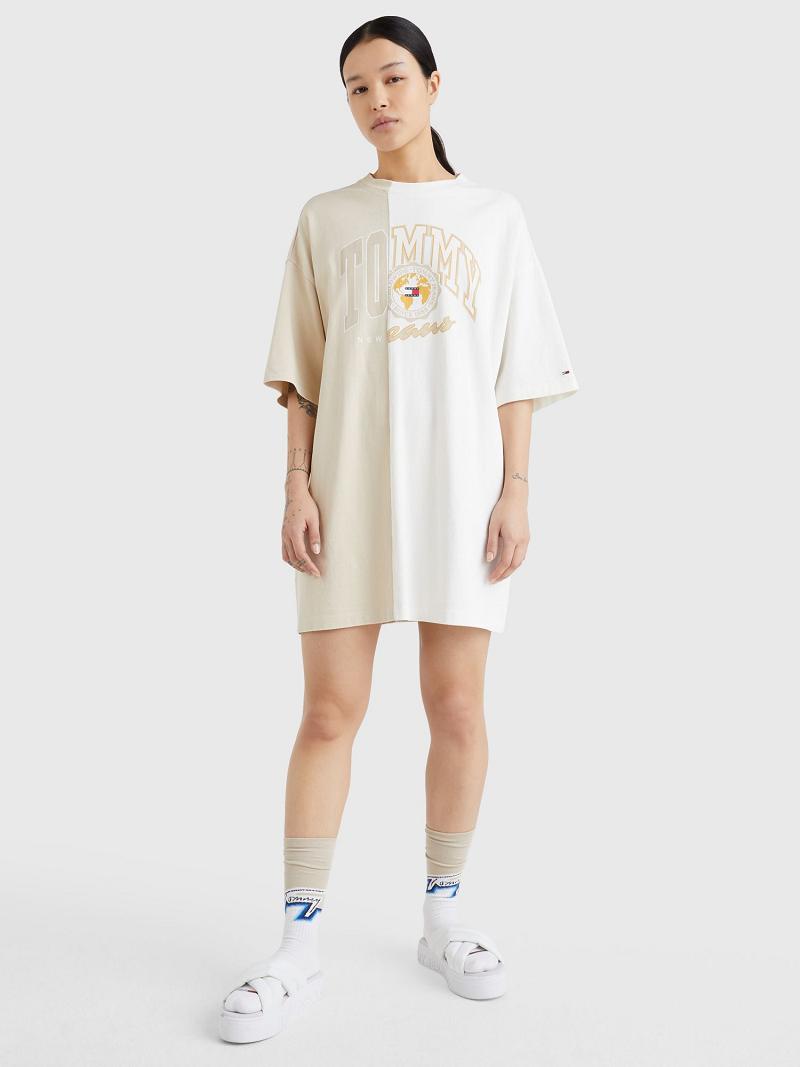 White Tommy Hilfiger Collegiate Split Logo T-Shirt Dresses | NZ_W21048