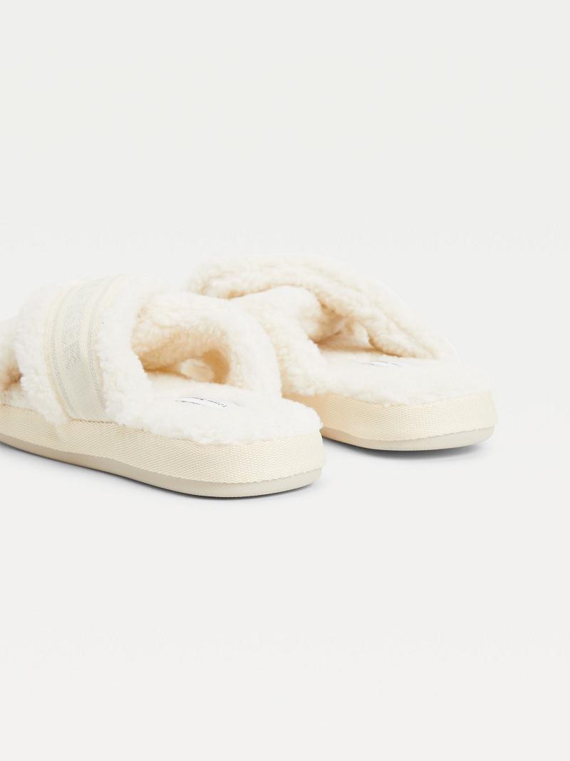 White Tommy Hilfiger Crisscross Sherpa Slipper Sandals | NZ_W21608