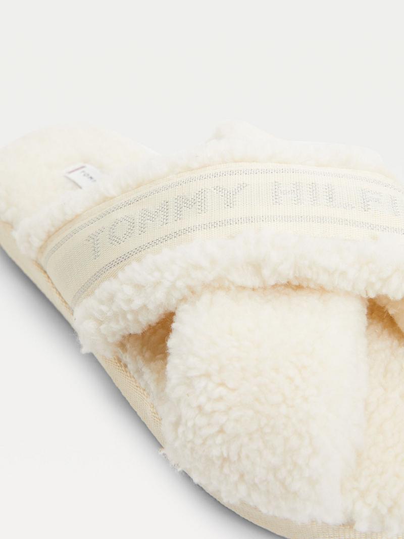 White Tommy Hilfiger Crisscross Sherpa Slipper Sandals | NZ_W21608