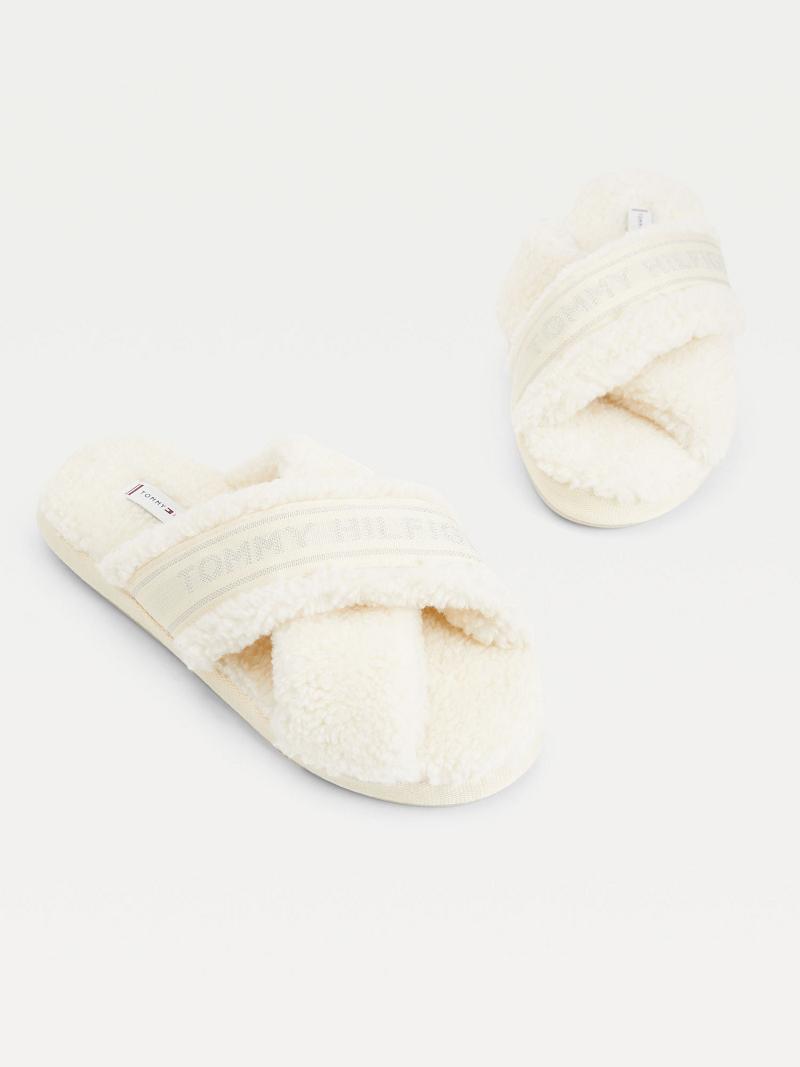 White Tommy Hilfiger Crisscross Sherpa Slipper Sandals | NZ_W21608