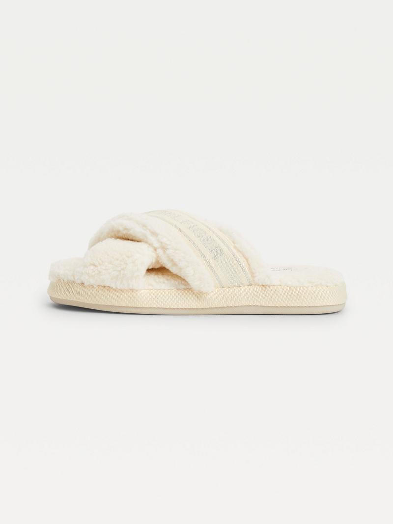 White Tommy Hilfiger Crisscross Sherpa Slipper Sandals | NZ_W21608