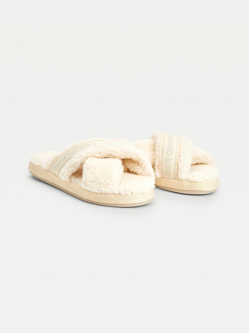 White Tommy Hilfiger Crisscross Sherpa Slipper Sandals | NZ_W21608