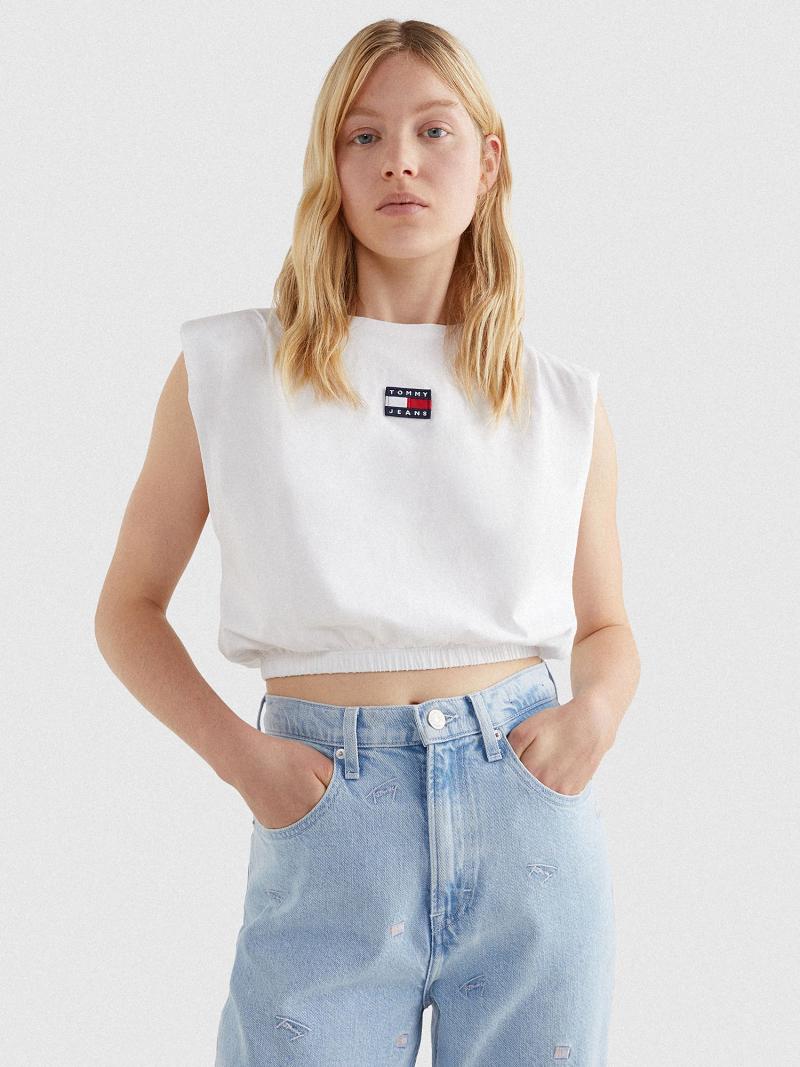 White Tommy Hilfiger Cropped Elastic-Hem Tank Tops | NZ_W21490