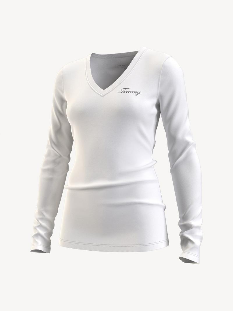 White Tommy Hilfiger Essential Favorite Long-Sleeve V-Neck T Shirts | NZ_W21444