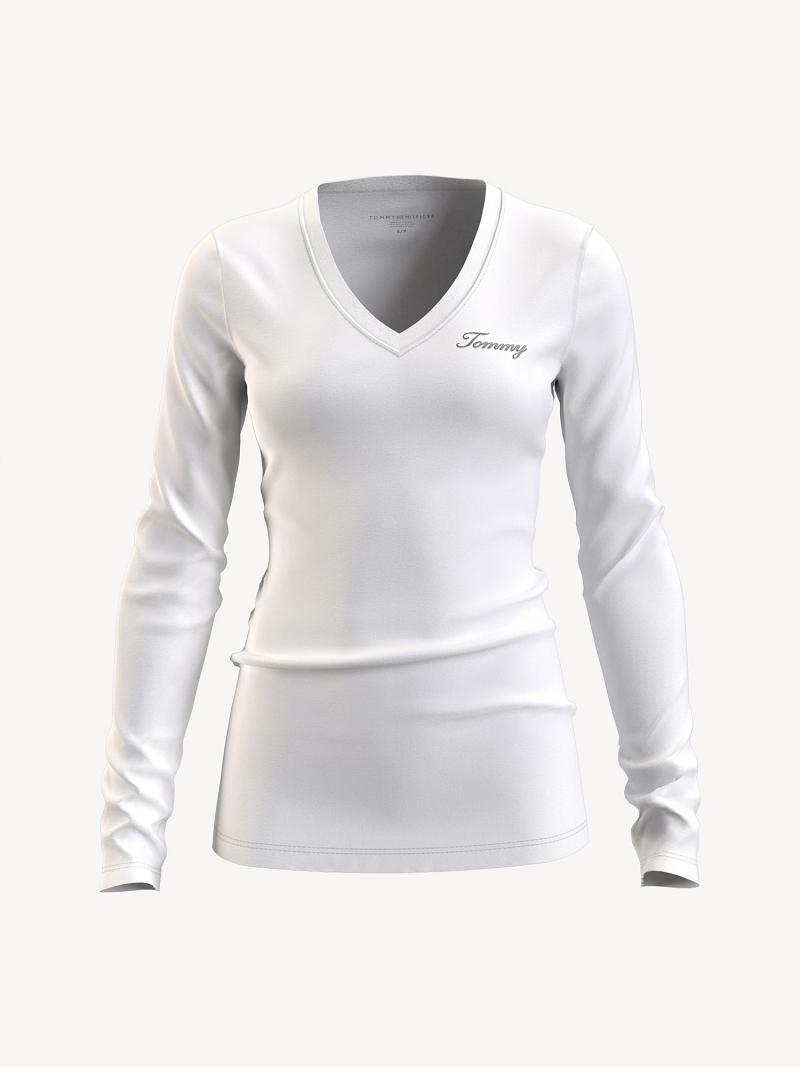 White Tommy Hilfiger Essential Favorite Long-Sleeve V-Neck T Shirts | NZ_W21444