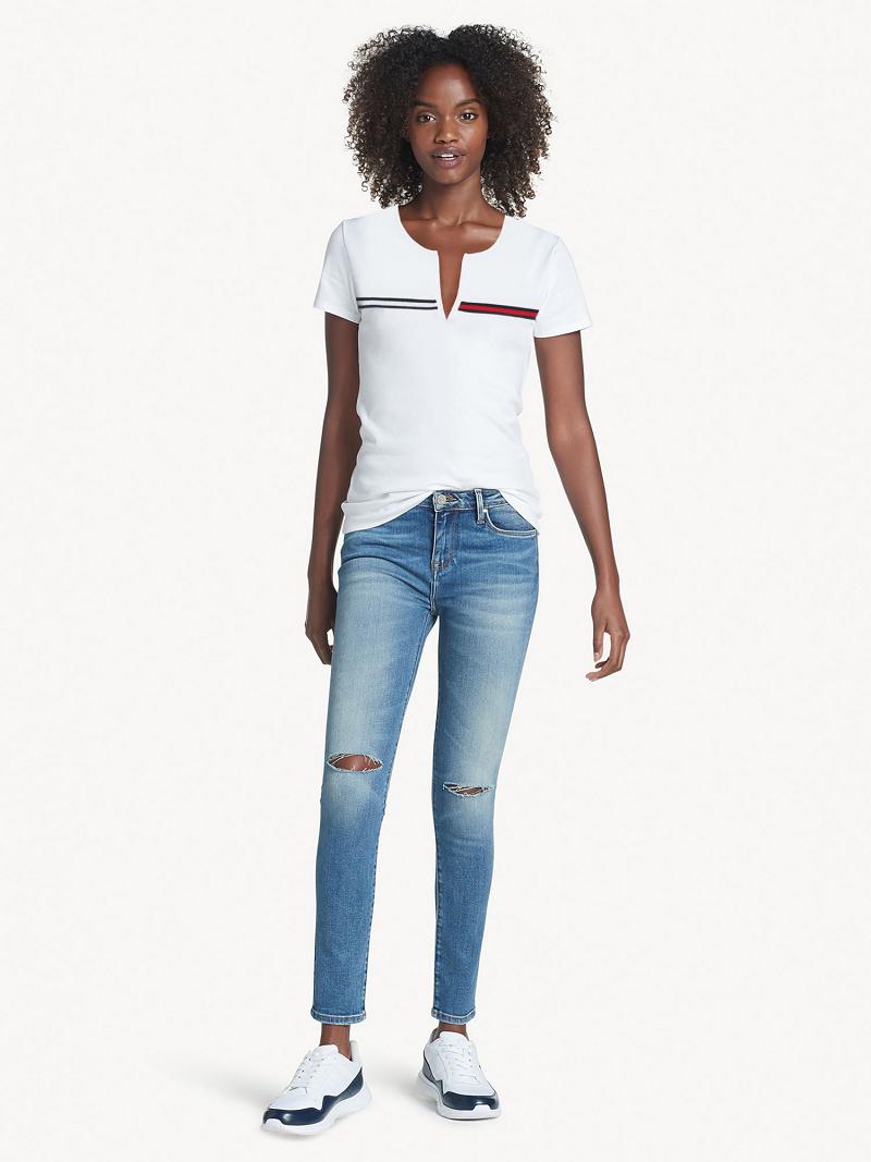 White Tommy Hilfiger Essential Split-Neck T Shirts | NZ_W21451