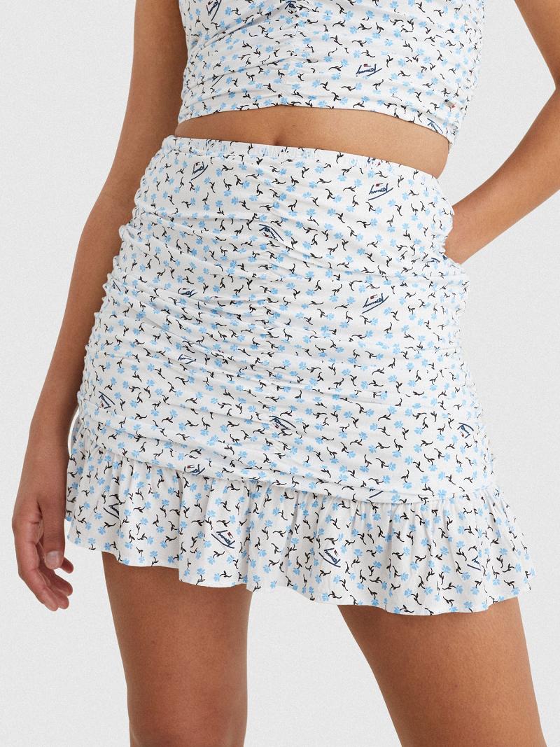 White Tommy Hilfiger Floral Ruched Mini Skirts | NZ_W21329