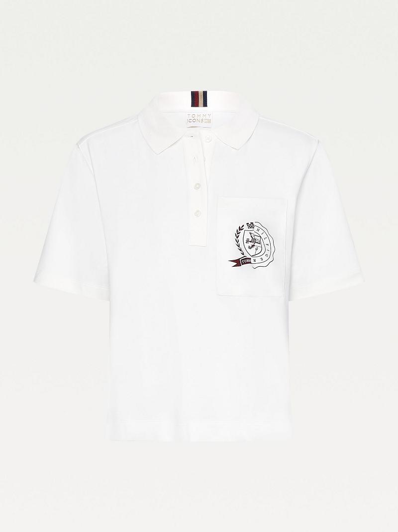 White Tommy Hilfiger Icon Crest Pocket Polos | NZ_W21268