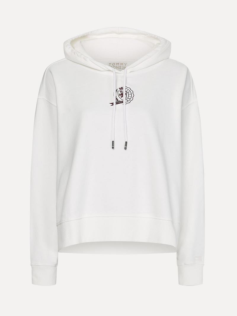 White Tommy Hilfiger Icon Organic Cotton Crest Hoodies | NZ_W21150