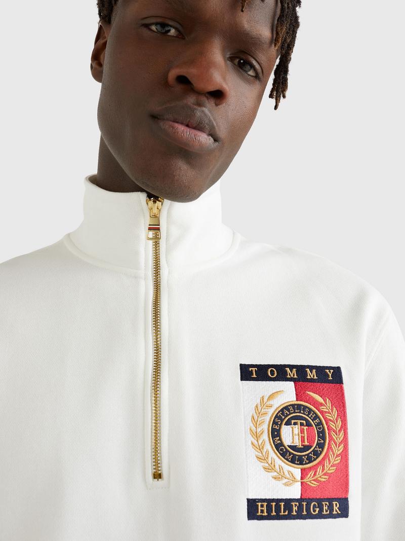 White Tommy Hilfiger Icon square logo zip mockneck Sweatshirts | NZ_M31127